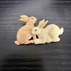 Charming Tan and Cream Bunnies Brooch signed SFJ